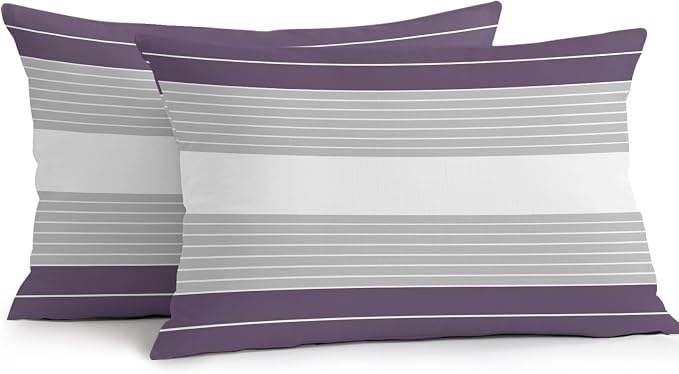 Purple Grey Stripe Outdoor Pillow Covers Waterproof, All Weather Cushion Case Set of 2, Modern Art Horizontal Striped Lumbar Pillowcase for Sofa Couch Bed Decor Patio Furniture 20"x12"