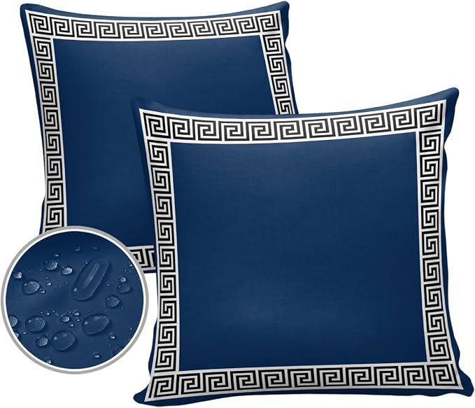 Prime Leader Outdoor Waterproof Pillow Covers Set of 2, Chinese Style Pattern Navy Blue Background Patio Throw Pillow Covers, Decorative Cushion Case for Couch Sofa Furniture Garden, 18x18 Inch
