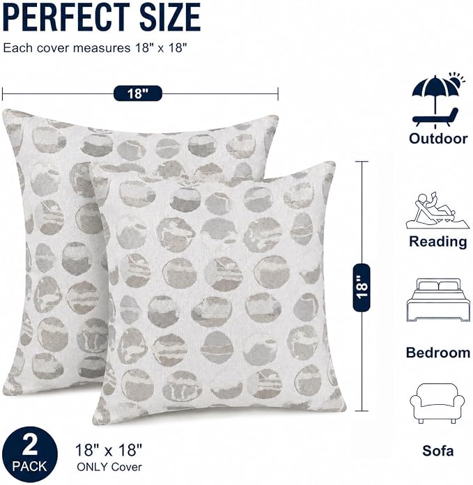 Outdoor Pillow Covers Waterproof Throw Pillow Covers, Set of 2 Jacquard Texture Water Resistant Fade Resistant Decorative Cushion Covers for Garden Patio Bench Couch Sofa, 18x18 Inch (Gray Circle)