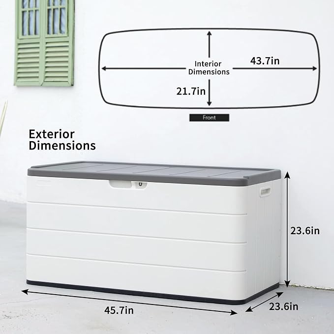 Mrosaa 110 Gallon Deck Box Waterproof,Double-Wall Resin Outdoor Storage Boxes, Deck Storage for boat slip storage,Cushions, Pool Float, Garden Tools,Patio Furniture, Lockable (OFF-WHITE)