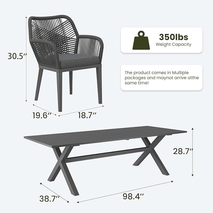 LayinSun Outdoor Dining Set for 8, 9 Pieces Patio Furniture Sets with Aluminum Dining Table and Rope Weave Chairs