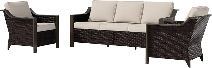 3 Piece Wicker Patio Conversation Set, All-Weather Use Outdoor Wicker Sofa with 2 PE Rattan Chair, Removable Water-Resistant Cushion, Ideal for Porch, Backyard, Balcony, Poolside, Beige