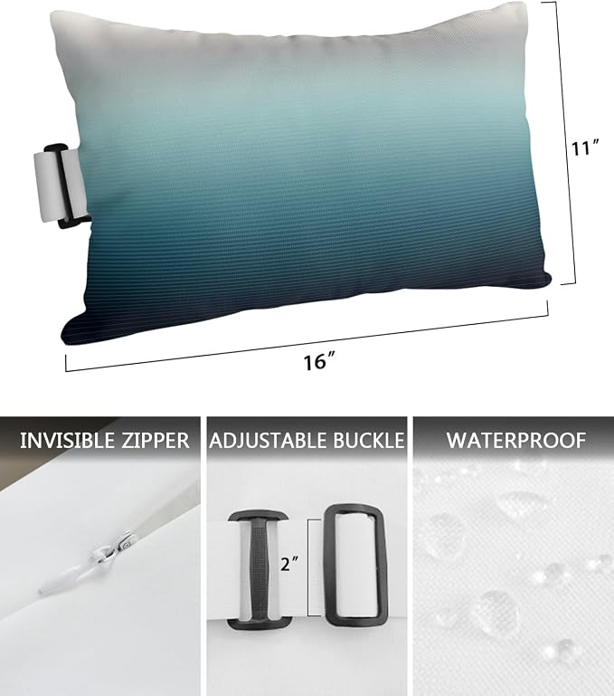 Outdoor Pillows Covers with Inserts Grey Turquoise Stripe Gradient Waterproof Recliner Pillow with Adjustable Strap Throw Pillows for Patio Furniture Pool Lounge Chair, 11x16 inch, 2PCS