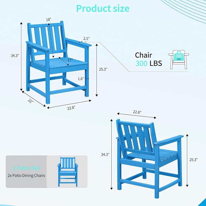 All-Weather Outdoor Chairs Set of 2, Outdoor Patio Dining Chair with Backrest and Armrest, 300 lbs Support All-Weather HDPE Furniture Patio Chair for Backyard, Garden, Deck, Blue