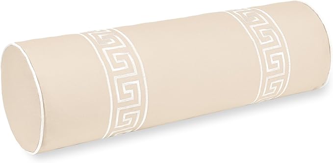 Hofdeco Premium Coastal Hampton Patio Indoor Outdoor Bolster Pillow Cover Only, 8"x24" Water Repellent for Backyard, Couch, Poolside, Neutral Tan Embroidered Greek Key
