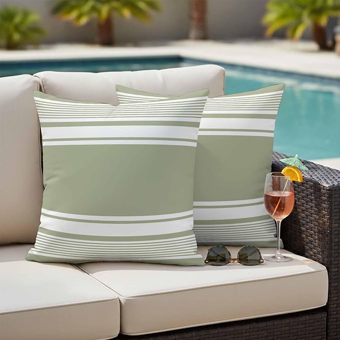 Outdoor Waterproof Throw Pillow Covers, Sage Green Striped Decorative Pillow Cases, Modern Color Block Farmhouse Stripes Couch Pillow Protector Patio Sofa Cushion Covers Replacement 20"x20" 2 Pack