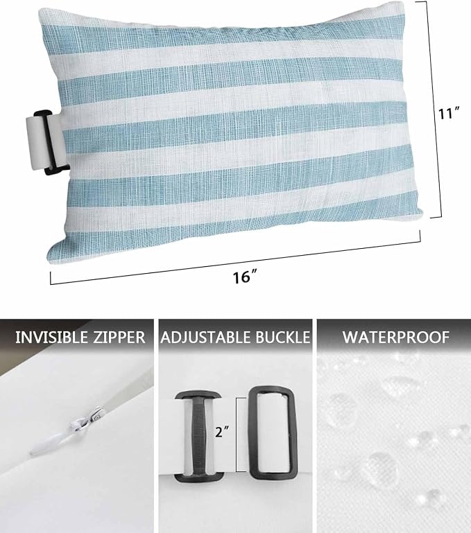 Pack of 2 Outdoor Lumbar Pillow Covers 11x16 Inch, Blue Striped Waterproof Throw Pillow Covers Set, Rustic Farmhouse Stripes Indoor&Outdoor Decorative Cushion Cases for Patio Porch Beach
