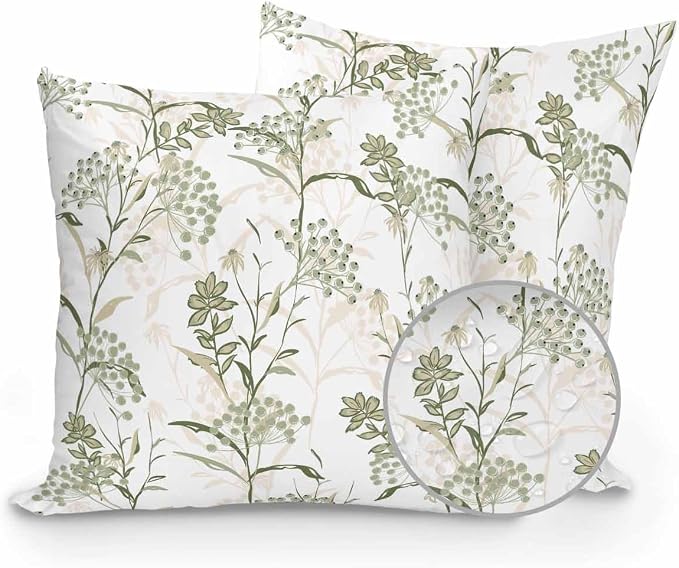 Outdoor Waterproof Throw Pillows Pastoral Sage Green Herbs Plant Patio Pillows Pack of 2,Decorative Pillow Covers with Insert,Pillow Cushion Case for Garden Couch Sofa Botanical Leaf on White