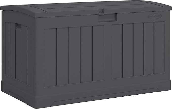 Suncast 50-Gallon Outdoor Resin Patio Deck Storage Box with Seat, Peppercorn & Keter Marvel Plus 71 Gallon Resin Deck Box-Organization and Storage for Patio Furniture Outdoor Cushions, Throw Pillows