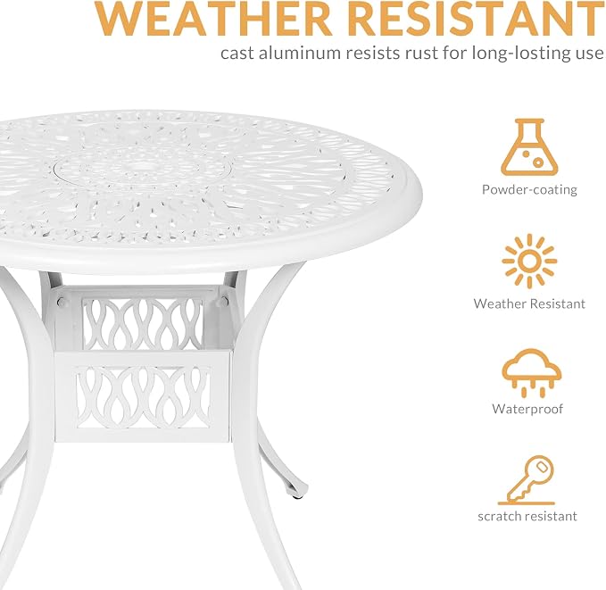5-Piece Outdoor Patio Dining Set, All-Weather Cast Aluminum Patio Furniture Set for Backyard Garden Deck with 4 Chairs, 4 Cushions and 35.4” Round Table, 2.2" Umbrella Hole, White
