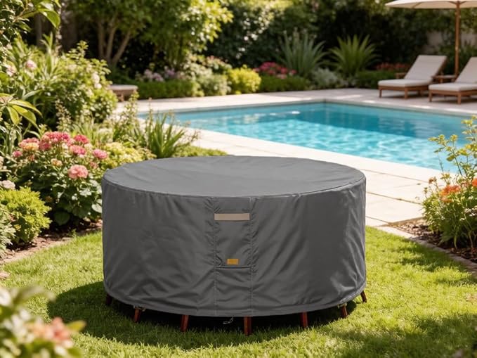 600D Heavy Duty Waterproof Patio Furniture Covers UV Resistant Round Outdoor Table Chair Covers Large Round 84"Diax28"H Dark Grey