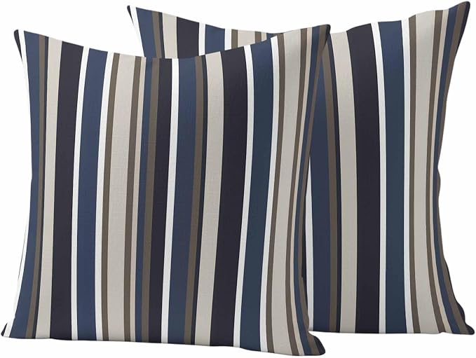 Outdoor Waterproof Throw Pillow Covers Set of 2 Blue Striped Pillowcases 18x18 Inches Geometric Beige Stripes Decorative Pillows Cushion Case Patio Pillows for Couch Bed Chair Garden