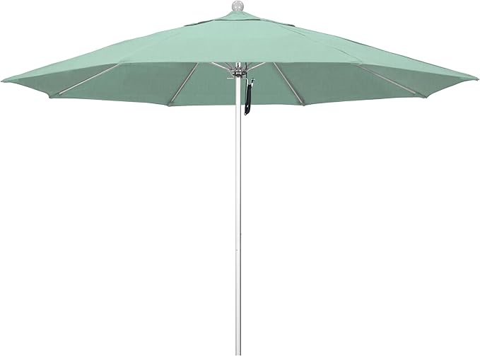 California Umbrella 11Ft Commercial Grade Sunbrella Fabric Market Umbrella, Pulley Lift, Aluminum/Fiberglass, 2mm pole wall, Silver Frame, Spa Fabric