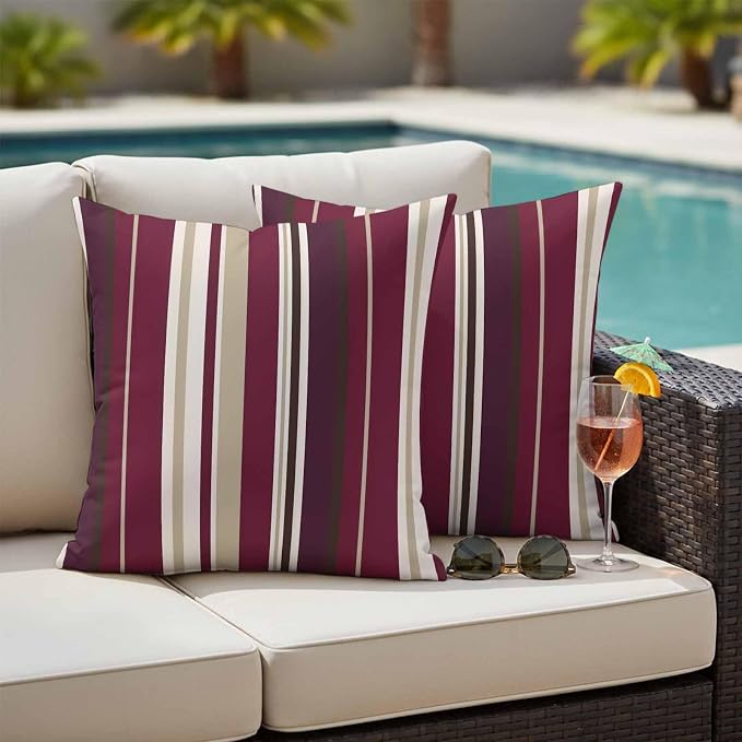 Outdoor Waterproof Throw Pillow Covers Set of 2 Red Striped Pillowcases 20x20 Inches Geometric Beige Stripes Decorative Pillows Cushion Case Patio Pillows for Couch Bed Chair Garden