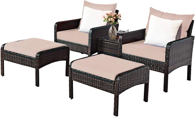 Tangkula 5 Pieces Wicker Patio Furniture Set, PE Rattan Outdoor All Weather Cushioned Sofas and Ottoman Set, 2-Person Outside Conversation Set for Lawn, Poolside, Yard, Balcony, Deck, Coffee