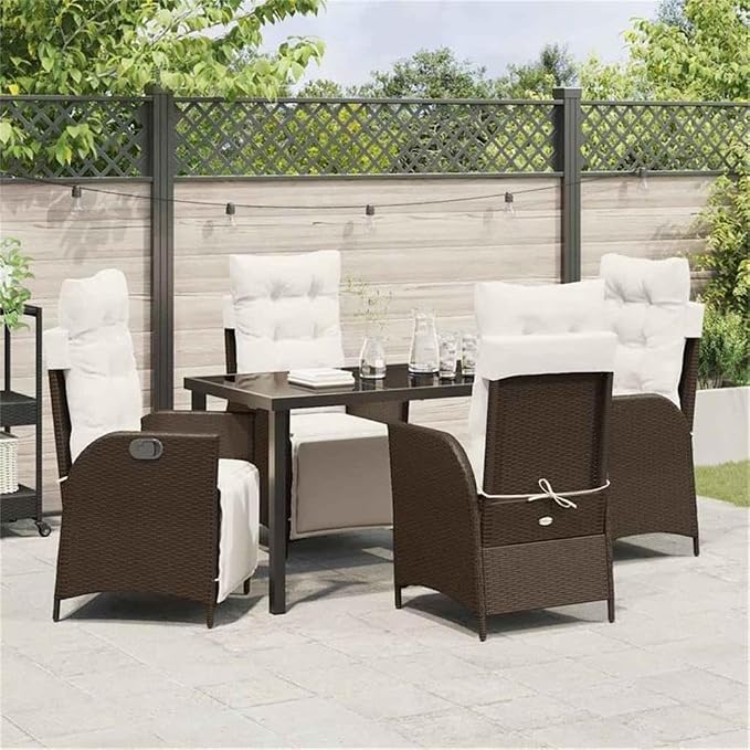 Afuera Living 5 Piece Poly Rattan Garden Dining Set, Brown Finish, Cushioned Seats with Polyester Pads, Adjustable Footrests, Rectangular Table with Tempered Glass, Modern Outdoor Patio Furniture for