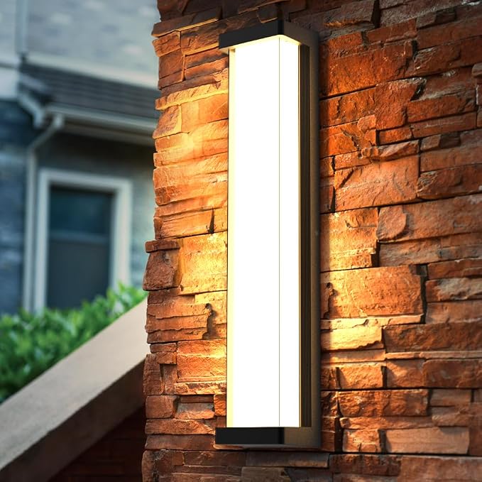 10%-100% Dimming Exterior Garage Lights,23.6in Dimmable LED Modern Patio Wall Light Fixture, Rectangle Black Aluminum+Dual PC Wall Sconce for Garage Bathroom Room Courtyard House(3000K)