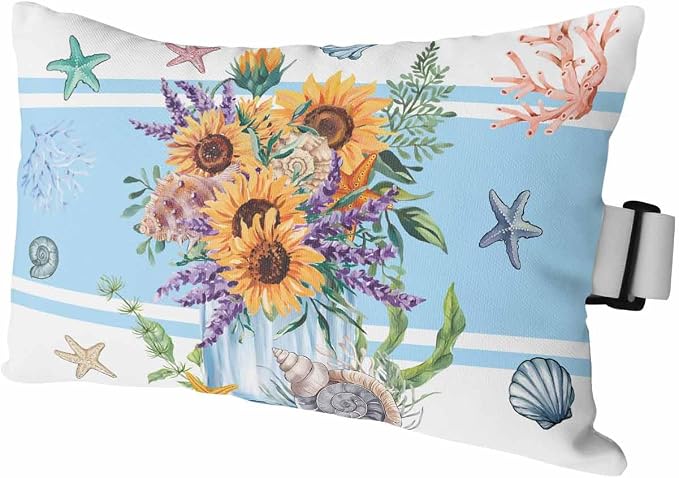 Pack of 2 Outdoor Lumbar Cushions Pillows, Summer Sunflower Blue Stripe Starfish Shell Ocean Flower Waterproof Fluffy Fade Body Pillows, Patio Furniture Pillow for Home Balcony Garden Decor 11x16IN