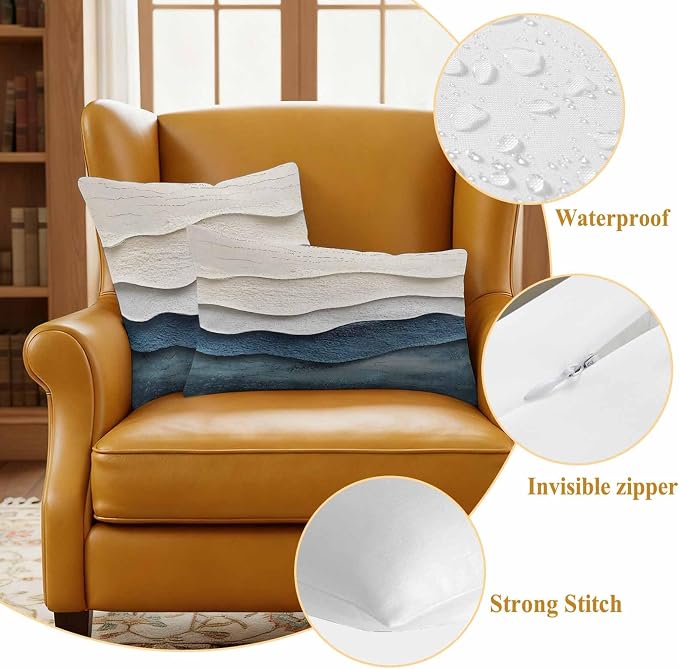 Abstract Waves Beach Art Outdoor Waterproof Throw Pillow Covers Set of 2, 26"x26", Blue Beige Oil Painting Style Decorative Pillow Covers Outside Cushion Case for Patio Porch Garden