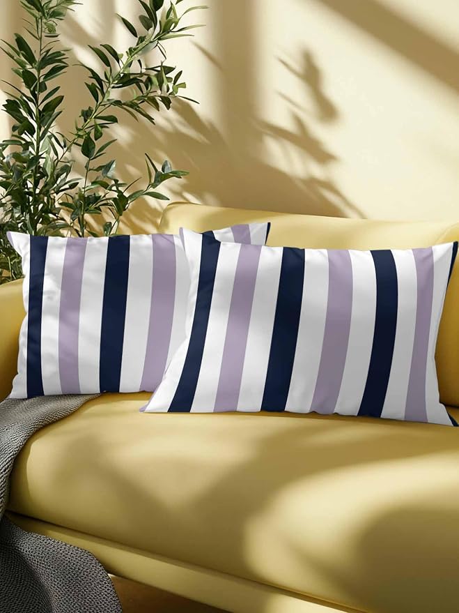 Outdoor Pillows Waterproof, Purple Navy Blue Striped Bedding Throw Pillows with Insert for Couch Sofa Bed, Farmhouse Stripe Art 12x20 Inch Pillowcases Decorative Camping Patio Pillow Set of 2