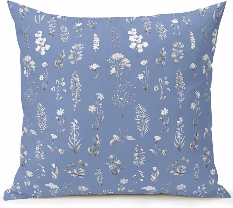 Outdoor Pillows with Inserts 18x18, Dusty Blue Wildflowers Waterproof Outdoor/Indoor Throw Pillows, Farmhouse Botanical Garden Floral Decorative Pillow for Bed Couch Sofa Patio Furniture