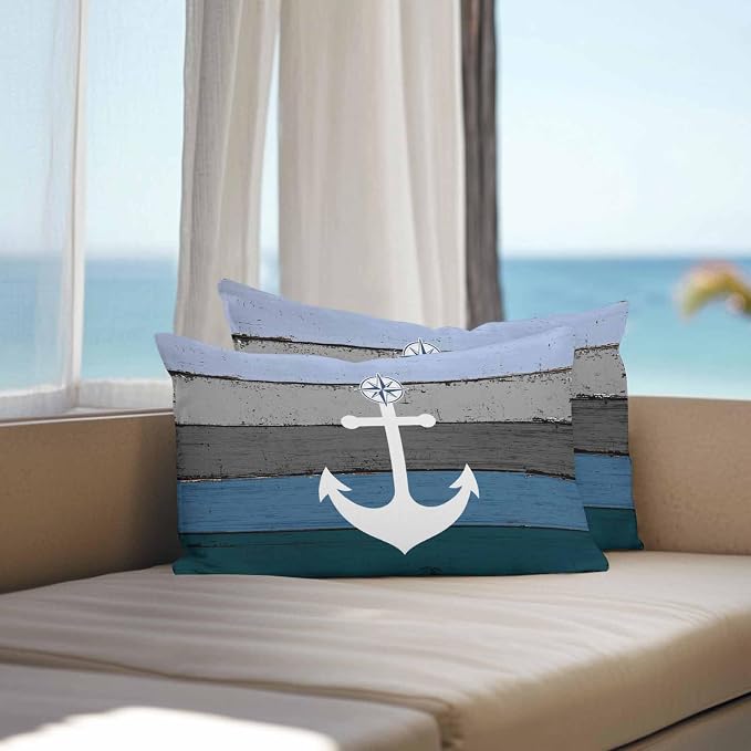 Chucoco Outdoor Waterproof Throw Pillow Cover Nautical White Anchor Decorative Pillows Cushion Covers Vintage Blue Grey Farm Wood Plank 2 Pack Pillow Cases for Patio Garden Balcony Couch Sofa 20x20In