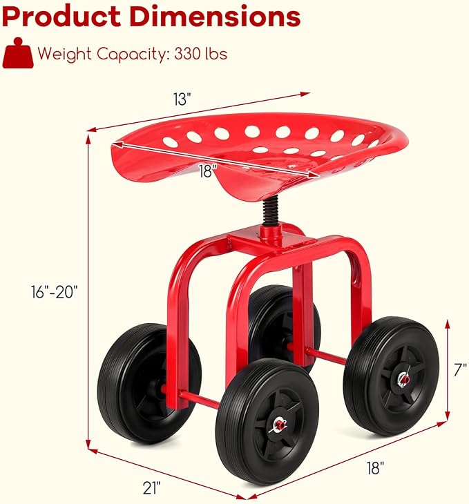 Goplus Garden Cart with Wheels, Utility Stool Cart w/Adjustable 360 Degree Swivel Seat, Outdoor Lawn Yard Rolling Work Seat, Garden Scooter for Planting (Red)