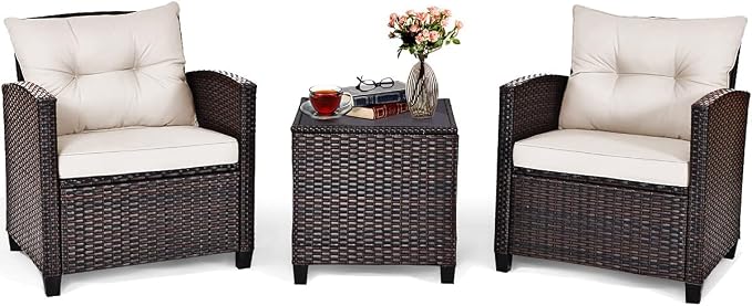 DORTALA Wicker Patio Furniture Set 3 Piece, Outdoor Table and Chairs with Tempered Glass Tabletop, Cushions, Small Rattan Conversation Sofa Set for Balcony, Porch, Backyard, Deck, White