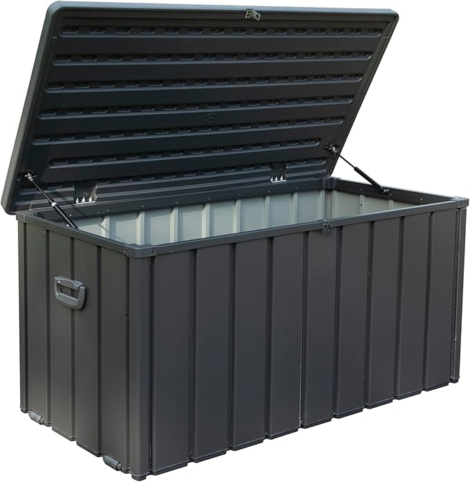 Deck Box 100 Gallon, Patio Storage Cabinet, Waterproof Outdoor Storage, Resin Lid Metal Patio Storage Bin with Lockable, Dark Gray