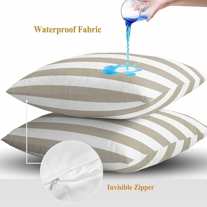 Tan and White Stripe Outdoor Waterproof Throw Pillow Covers Set of 2, 18"x18", Brown Stripes Simple Decorative Pillow Covers Outside Cushion Case for Patio Porch Garden