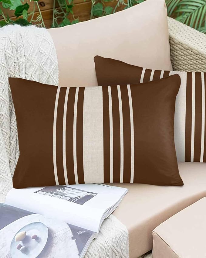 Vandarllin Outdoor Throw Pillows Covers 20x12 inch Set of 2 Waterproof Brown Vertical Stripes Decorative Zippered Cushion Covers for Patio Furniture, Classic Striped Linen Lumbar Pillowcases