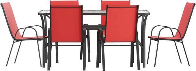 Merrick Lane Bardwell 7-Piece Outdoor Dining Table Set for 6, Glass Top Table with Hole for Umbrella, 6 Breathable Textilene Stackable Patio Chairs, Red/Black