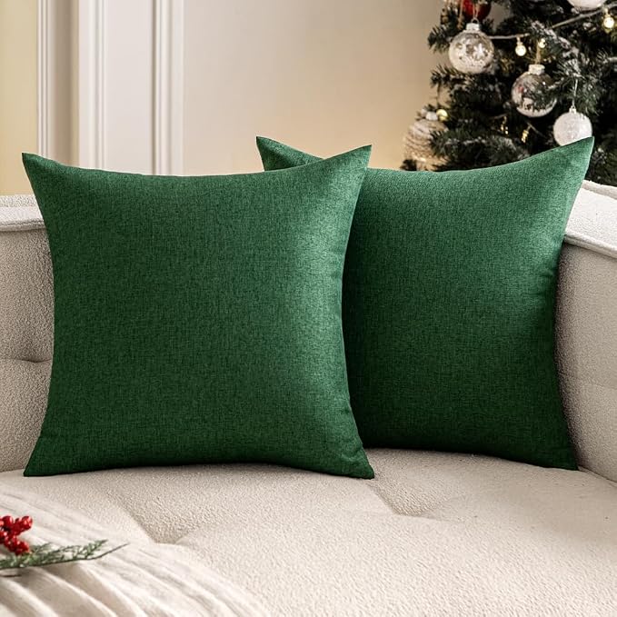 Outdoor Waterproof Throw Pillow Covers Deep Green 20x20 Set of 2 | Decorative Farmhouse Linen Pillowcases Solid Cushion Cases for Patio Tent Balcony Couch Sofa Living Room