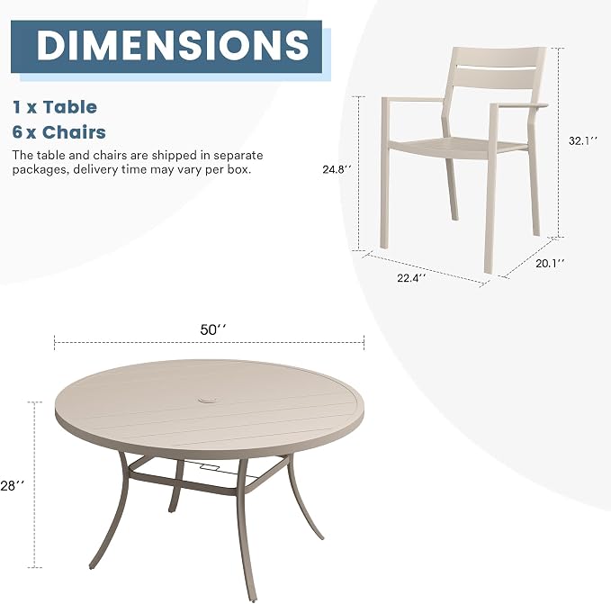 DIFY 7 Piece Outdoor Patio Dining Set for 6, Patio Table and Chairs Set with Umbrella Hole, 50" Round Dining Table and Stackable Metal Chairs for Backyard Garden Poolside, Sandshell