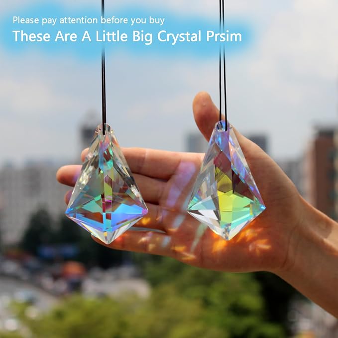 2PCS Cone Crystal Suncatcher Prisms for Windows (Chunky Cone) | AB Color, Transparent, K9 Glass, Rainbow Maker, with Hooks & Cord