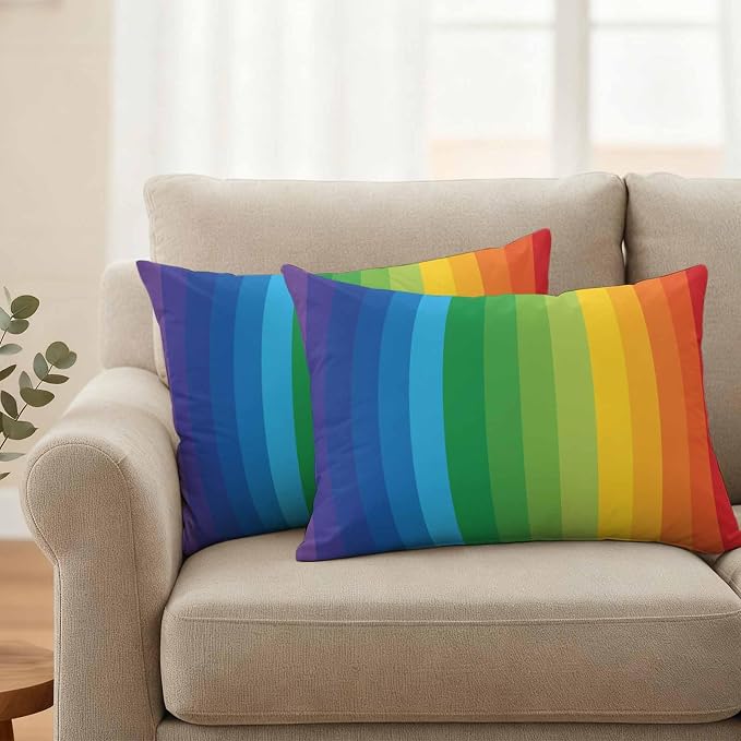 Outdoor Waterproof Throw Pillow Covers Set of 2 Rainbow Stripes Lumbar Pillowcases 20x12 Inches Colorful Lines Striped Decorative Pillows Cushion Case Patio Pillows for Couch Bed Chair Garden