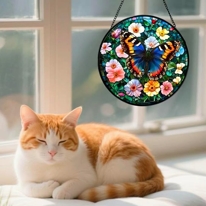 Stained Glass Window Hanging - A Beautiful Butterfly is Dancing in The Sea of Flowers 6.3 Inches Suncatcher for Garden Home Decor for Women Mom Grandma Friends
