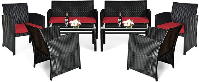 Tangkula Patio Wicker Conversation Furniture Set, Patiojoy Sofa & Table Set w/4 Seats, Outdoor Rattan Sofa Set for Balcony Backyard, Wicker Chair Set with Tempered Glass Coffee Table (2, Red)