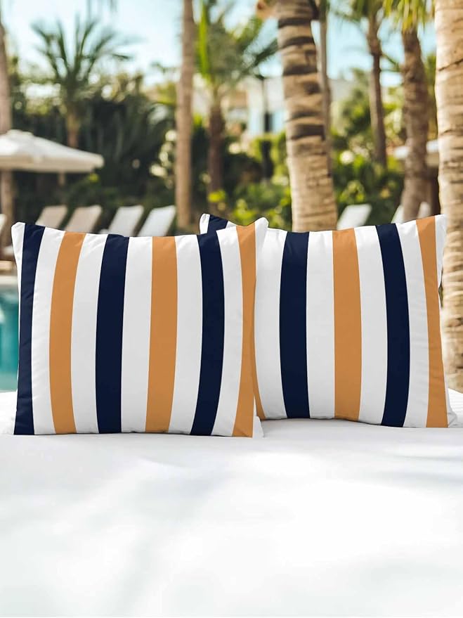 Outdoor Pillows Waterproof, Burnt Orange Navy Blue Striped Bedding Throw Pillows with Insert for Couch Sofa Bed, Farmhouse Stripe Art 18x18 Inch Pillowcases Camping Patio Pillow Set of 2