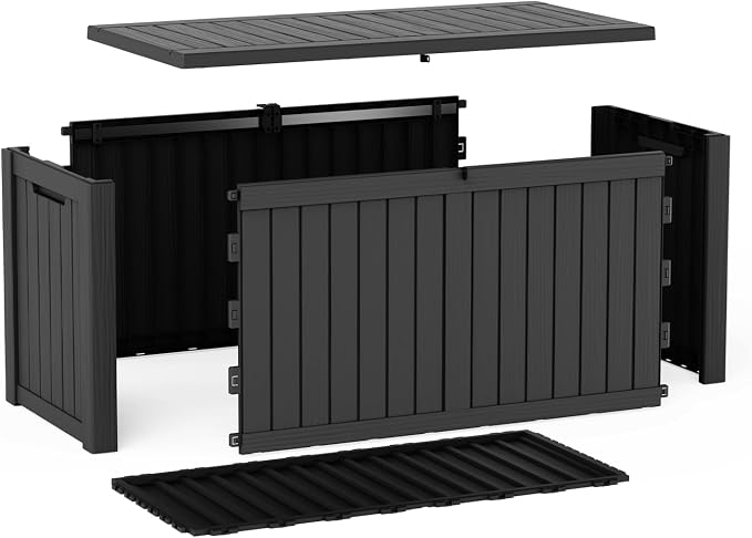 ROJIK Outdoor Storage Box, 180 Gallon Waterproof Resin Deck Box with Hydraulic Lid, Large Lockable Storage Bin UV-Resistant for Patio Furniture Cushions, Garden Tools, Pool Accessories, Black