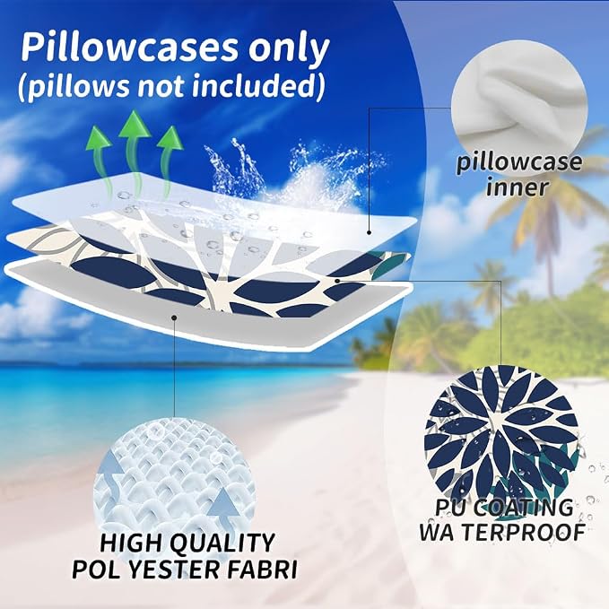 DFXSZ Outdoor Waterproof Pillow Covers 20x20 Set of 2 NavyBlue Green Flower | Spring Summer Waterproof Flower Throw Pillowcases（No Inserts）Outdoor Decor for Patio Funiture Garden Polyester Covers