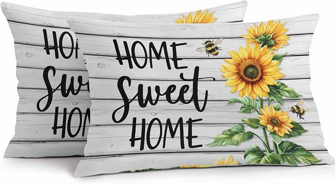 Lumbar Pillow Covers 20x12 Inch Set of 2, Yellow Sunflower Waterproof Outdoor Pillow Covers, Bee Wooden Grain Country Farmhouse Decorative Cushion Pillowcases for Couch, Sofa, Bed, Garden, Patio