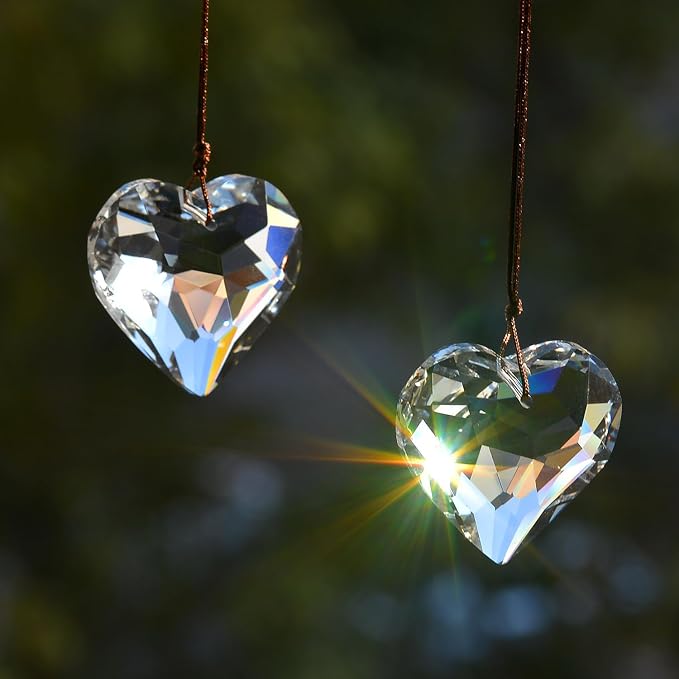 2PCS Heart Crystal Suncatcher Prisms for Windows (Heart Clear) | Clear, Transparent, K9 Glass, Rainbow Maker, with Hooks & Cord