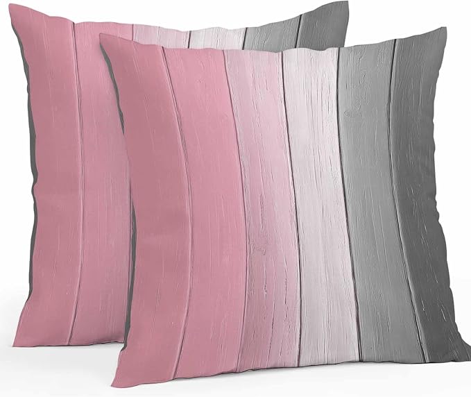 Throw Pillow Covers 16x16 Inch Set of 2, Pink Gray Ombre Waterproof Outdoor Cushion Covers, Vintage Country Wooden Decorative Pillowcases for Couch, Sofa, Bed, Garden, Patio