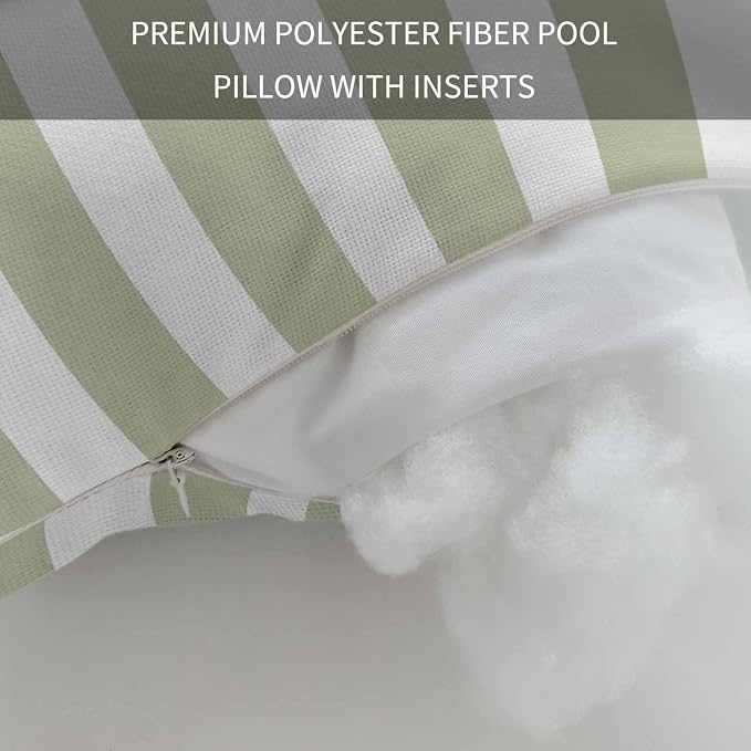 Sage Green Striped Outdoor Chaise Lounge Head Pillow with Insert,Modern Farmhouse Sage Green White Stripes Waterproof Lumbar Pillow Cusion Cover with Elastic Strap for Patio Recliner,11"x16" 1PCS