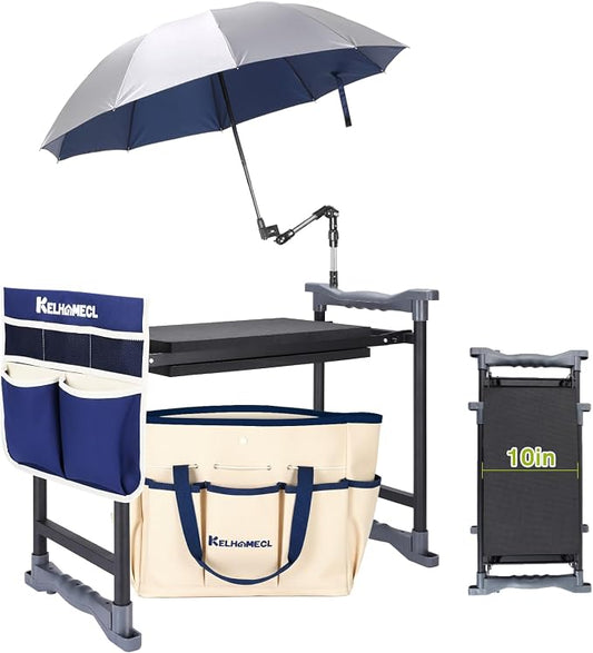 Garden Kneeler and Seat with Umbrella,Heavy Duty Gardening Bench and Stool | 2-in-1 Foldable Gardening Stool with Adjustable Bracket，Detachable Tool Bags，Gardening Gifts for Women Mom Men Seniors