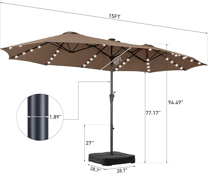 15 ft Patio Umbrella with 48 LED Lights, Large Rectangle Outdoor Solar Umbrella with Matching Base, Strap, Crank, Coffee