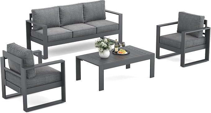 Outdoor Aluminum Furniture Set - 4 Pieces Modern Patio Conversation Sets Metal Sectional Sofa with Coffee Table