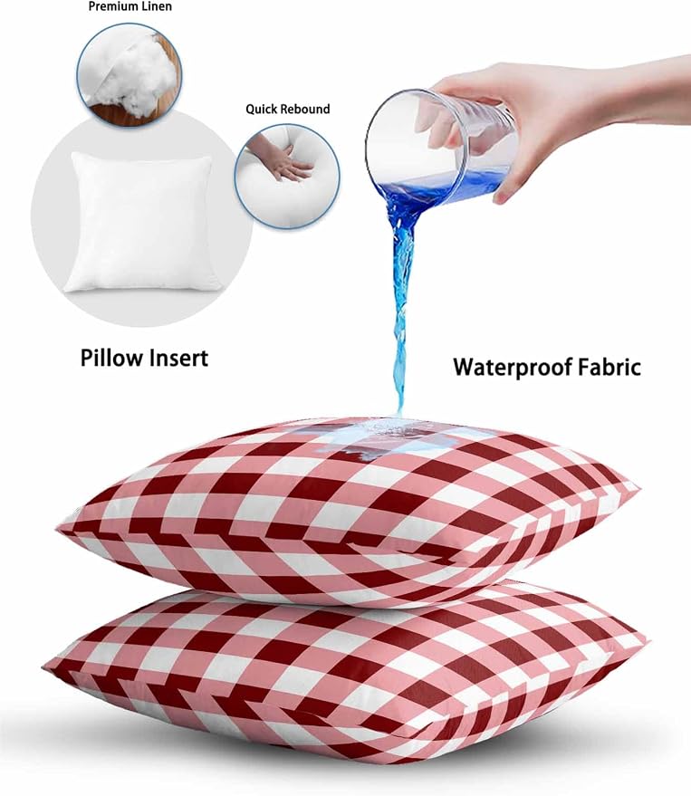 Waterproof Outdoor Pillow 1 Pack Red Check Buffalo Plaid Decorative Throw Pillows Cover & Insert 18x18 Inch Pillowcase Check Lines Square Pillows for Couch Sofa Bed Patio Furniture Indoor Outdoor