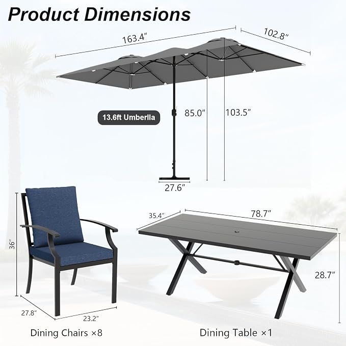 10 Pieces Patio Dining Set,Metal Outdoor Furniture Set Includes 13.6FT Grey Umbrella,Hole Cut-Out 78.7" x 35.4" Table and 8 Metal Backrest Chairs for Backyard,Garden,Navy